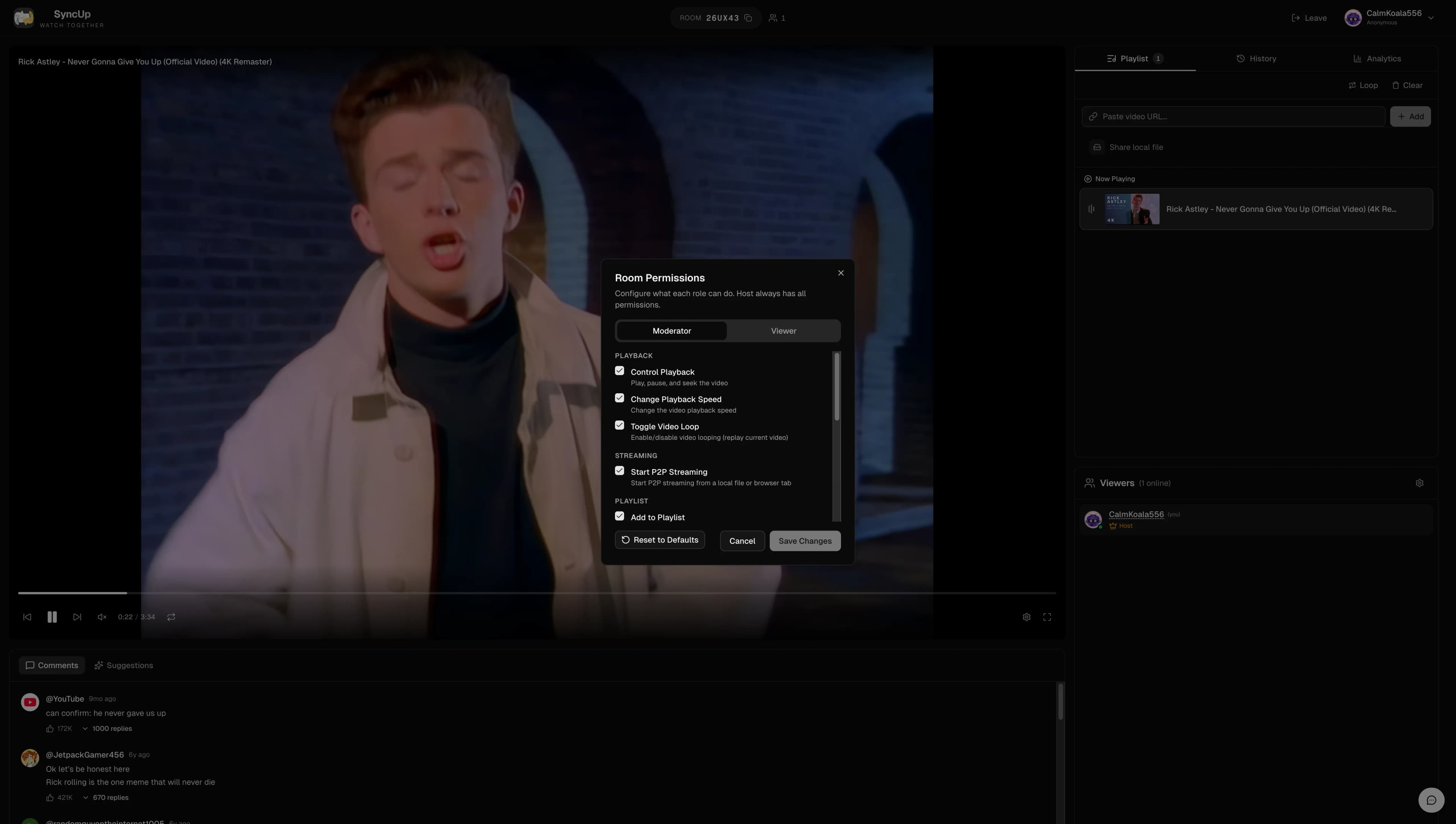 Watch4Gether room permissions panel showing playback, playlist, and user controls